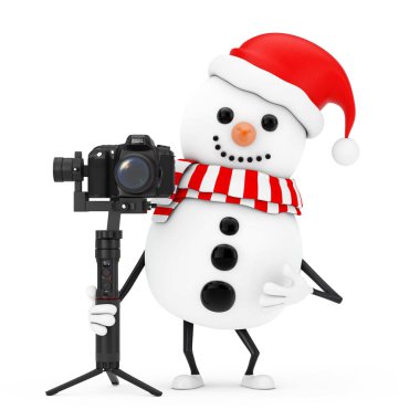 Noel Baba Şapkalı Kardan Adam Kırmızı Kalp ve DSLR ile Maskotu ya da beyaz arka planda Video Kamera Gimbal Stabilizasyon Sistemi. 3d Hazırlama