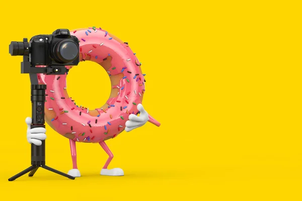 Big Strawberry Pink Glazed Donut Character Mascot Dslr Video Camera — Stock Photo, Image