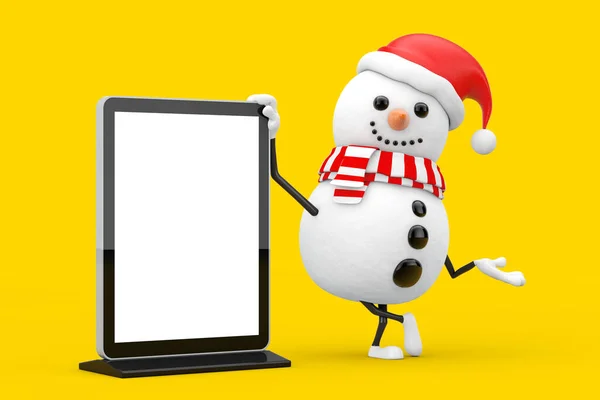 Schneemann Mit Weihnachtsmannmütze Als Maskottchen Mit Blankem Messe Lcd Bildschirmständer — Stockfoto