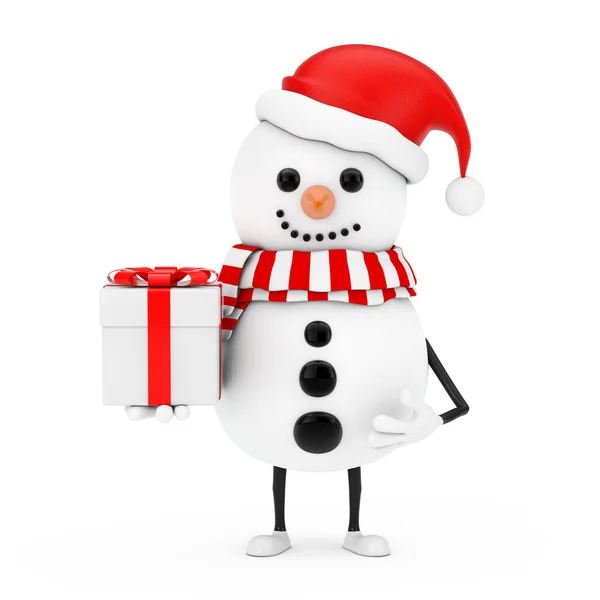 Χιονάνθρωπος Santa Claus Καπέλο Μασκότ Χαρακτήρα Κουτί Δώρου Κόκκινη Κορδέλα — Φωτογραφία Αρχείου