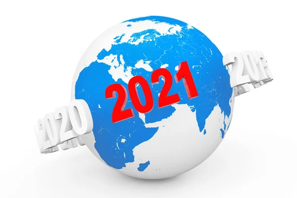 Neujahrskonzept Zahl 2021 Die Erde Globus Auf Weißem Hintergrund Darstellung — Stockfoto