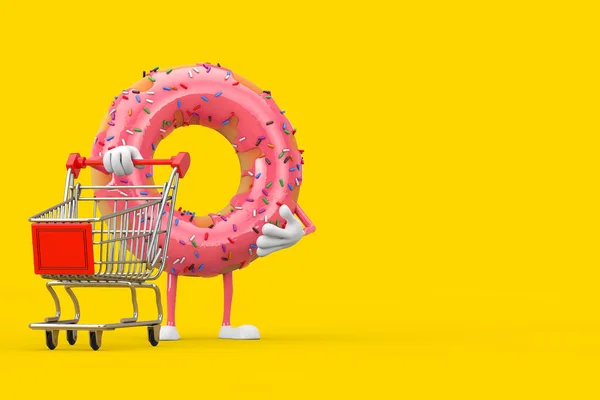 Gran Fresa Rosa Acristalada Donut Carácter Mascota Con Carrito Compra —  Fotos de Stock