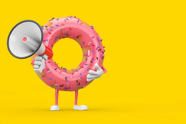 Big Strawberry Pink Glazed Donut Character Mascot Red Retro Megaphone — стокове фото