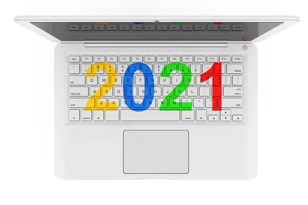 Witte Laptop Met 2021 Nieuwjaar Teken Een Witte Achtergrond Rendering — Stockfoto