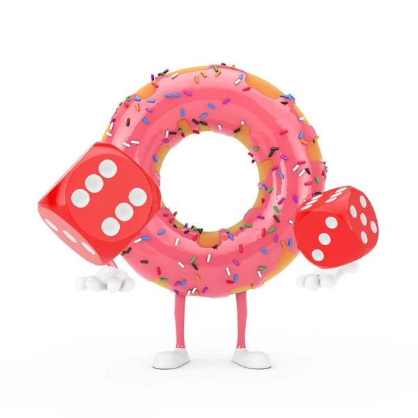 Big Strawberry Pink Glazed Donut Character Mascot Red Game Dice — Stock Photo, Image