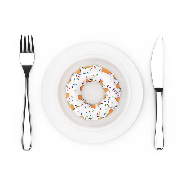 Çatal Bıçak Büyük Beyaz Çikolatalı Donut Renkli Donut Beyaz Arka — Stok fotoğraf