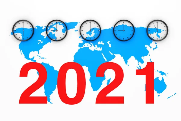 Набор Часов Другим Временем Синей Картой Мира Новым Знаком 2021 — стоковое фото