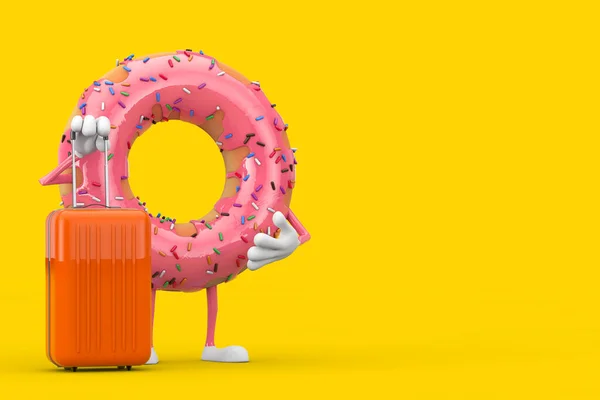 Gran Fresa Rosa Acristalada Donut Carácter Mascota Con Naranja Viaje — Foto de Stock