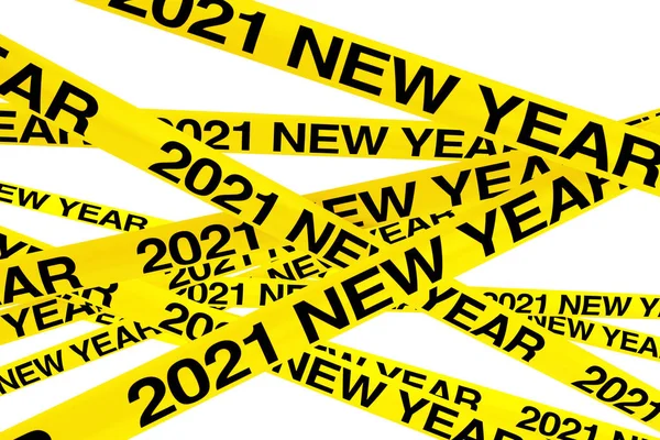 Caution Yellow Tape Strips 2021 New Year Sign White Background — Stock Photo, Image