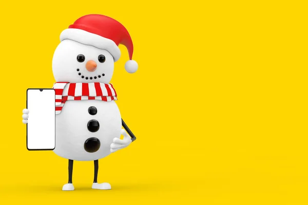 Schneemann Mit Weihnachtsmannmütze Maskottchen Mit Modernem Handy Mit Leerem Bildschirm — Stockfoto