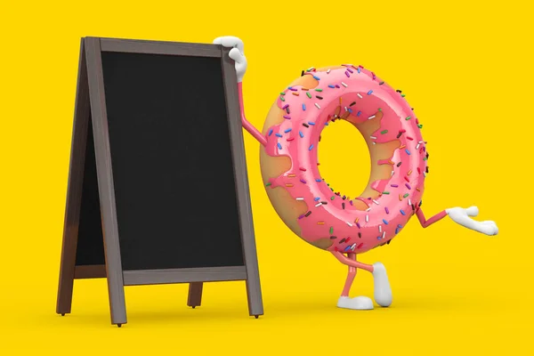 Big Strawberry Pink Glazed Donut Character Mascot Blank Wooden Menu — 스톡 사진