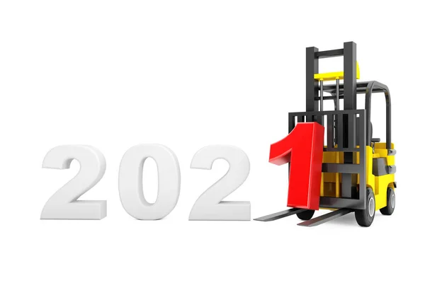 Beyaz Arka Planda 2021 Yılbaşı Tabelası Olan Bir Forklift Kamyonu — Stok fotoğraf