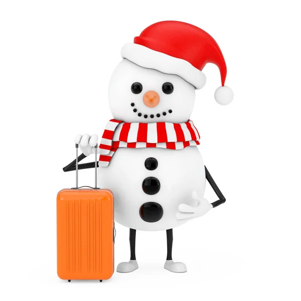 Bałwan Santa Claus Kapelusz Maskotka Orange Travel Walizka Białym Tle — Zdjęcie stockowe