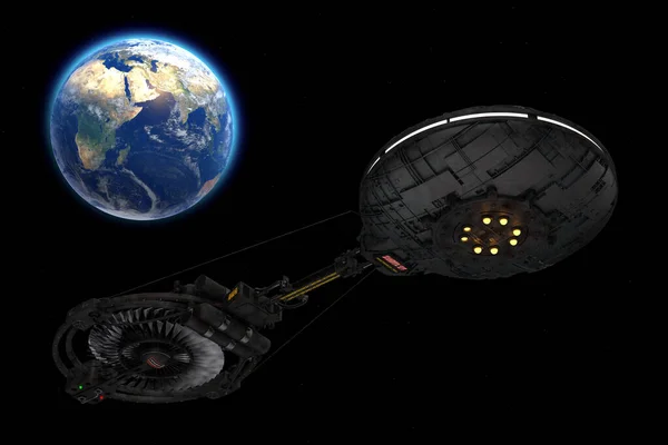 宇宙船 宇宙ステーション または飛行中のエイリアンUfo宇宙船地球の極端な接近を周回する Nasaによって提供されたこの画像の要素 3Dレンダリング — ストック写真