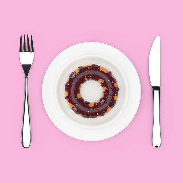 Çatal Bıçak Büyük Çikolatalı Donut Renkli Donut Yanında Pembe Arka — Stok fotoğraf