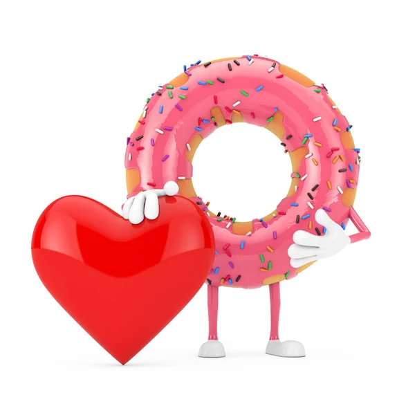 Büyük Çilekli Pembe Donut Karakteri Maskotu Kırmızı Kalp Beyaz Arka — Stok fotoğraf