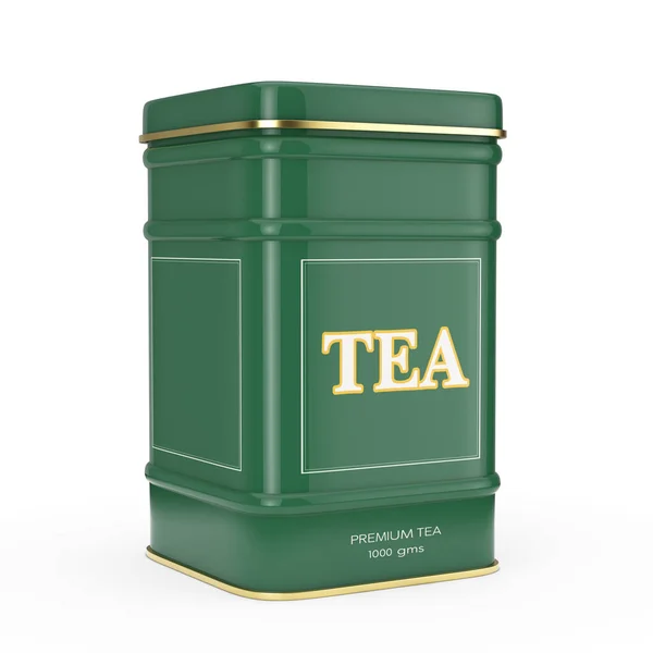 Beyaz Arka Planda Altın Çizgili Metal Yeşil Çay Kutusu Hazırlama — Stok fotoğraf