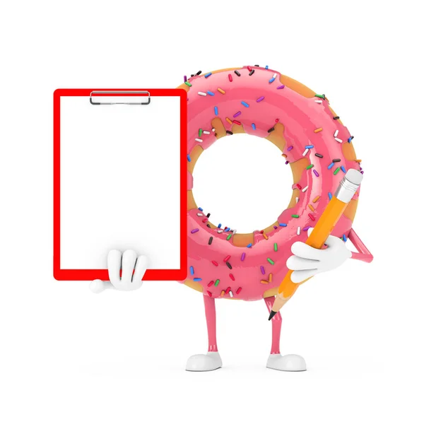 Mascotte Big Strawberry Pink Glazed Donut Character Con Appunti Plastica — Foto Stock