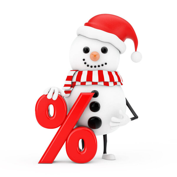 Snowman in Santa Claus Hat Character Mascot with Red Retail Percent Sale or Discount Sign on a white background. 3d Rendering