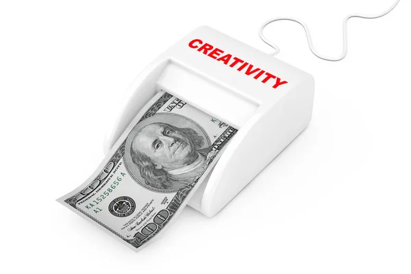 Keress Pénzt Kreativitás Koncepciójával Pénzkészítő Kreativitás Gép Dollárral Bankjegy Fehér — Stock Fotó