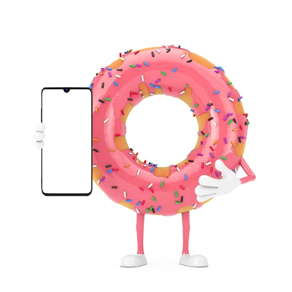 Big Strawberry Pink Glazed Donut Character Mascot Med Modern Mobiltelefon — Stockfoto
