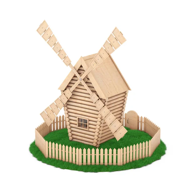 Old Wooden Windmill Farm Piece Grass Land Sobre Fundo Branco — Fotografia de Stock