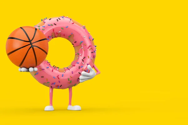 Mascotte Personnage Donut Glacé Rose Fraise Avec Ballon Basket Sur — Photo