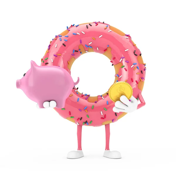Mascotte Big Strawberry Pink Glazed Donut Character Con Salvadanaio Moneta — Foto Stock