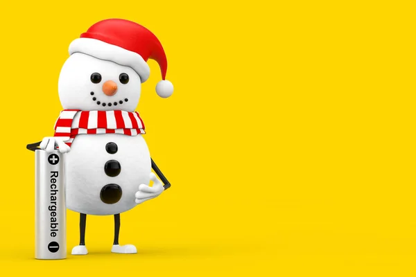 圣诞老人帽 中的雪人人物吉祥物 带有黄色背景的充电电池 3D渲染 — 图库照片