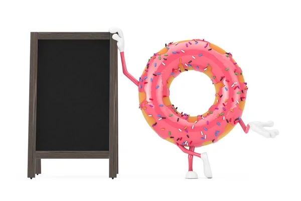 大草莓粉红磨光甜甜圈人物吉祥物与空白木菜单黑板户外展示白色背景 3D渲染 — 图库照片