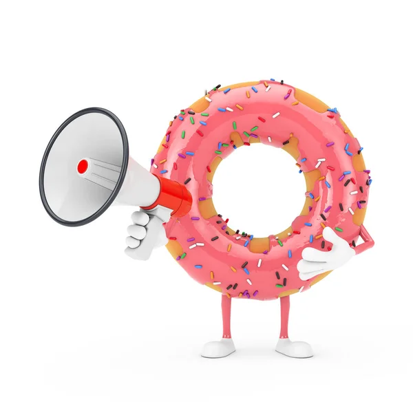 Big Strawberry Pink Glazed Donut Character Mascot Red Retro Megaphone — Stock Photo, Image