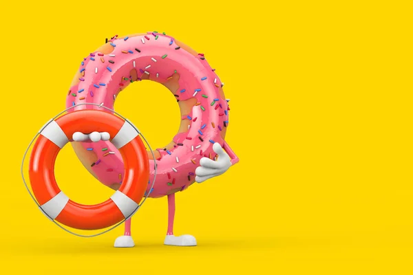 大草莓粉红软糖甜甜圈人物吉祥物 黄色背景的救生圈 3D渲染 — 图库照片