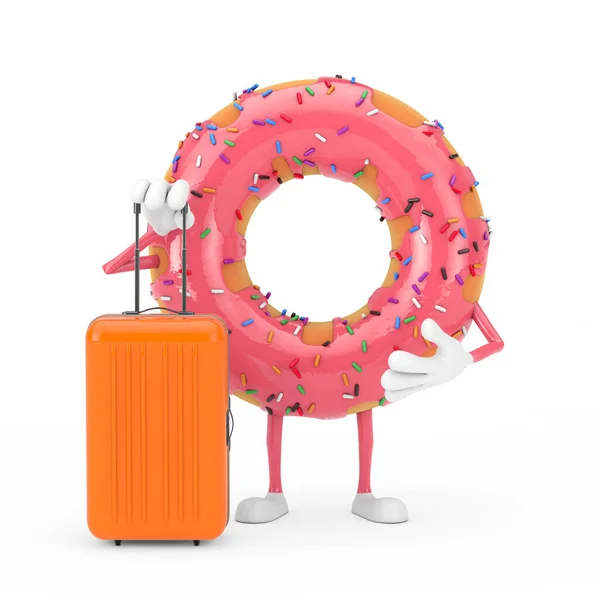 Mascotte Big Strawberry Pink Glazed Donut Character Con Valigia Viaggio — Foto Stock