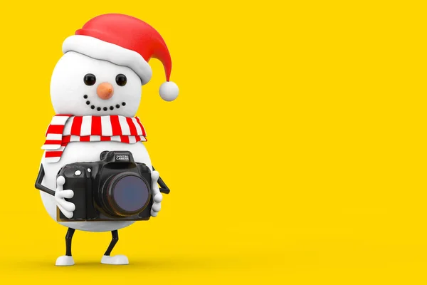 Schneemann Mit Weihnachtsmannmütze Als Maskottchen Mit Moderner Digitaler Fotokamera Auf — Stockfoto