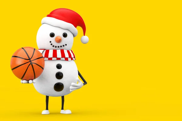 Sněhulák Santa Claus Klobouk Charakter Maskot Basketbalovým Míčem Žlutém Pozadí — Stock fotografie