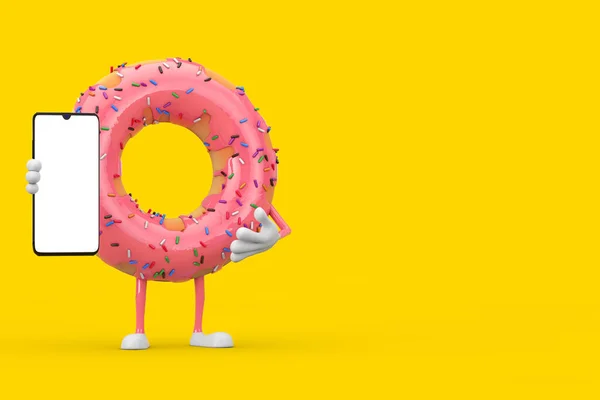 Big Strawberry Pink Glazed Donut Character Mascot Modern Mobile Phone — Stock Photo, Image