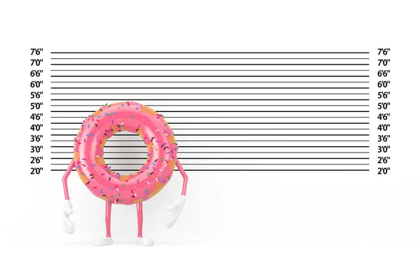 ビッグストロベリーピンクグラスドーナツキャラクターマスコット警察のラインナップやムグショット背景極端なクローズアップの前に 3Dレンダリング — ストック写真