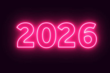 Mor arkaplanda 2026 Neon Metin Kapanışı. 3d Hazırlama