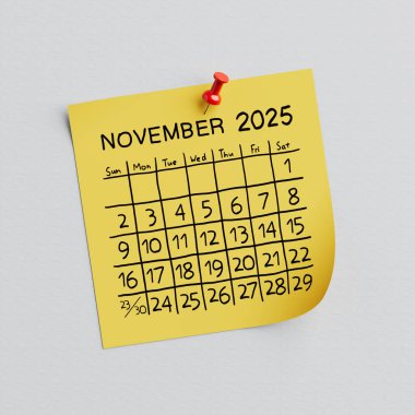 Sarı Not Kağıdı, Kasım 2025 Beyaz zemin üzerinde el yazısıyla takvim ve raptiye. 3d Hazırlama
