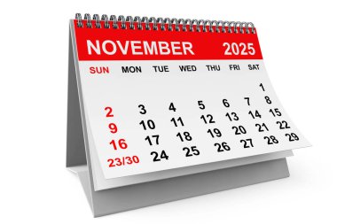 2025 Kasım takvimi beyaz arka planda. 3d Hazırlama