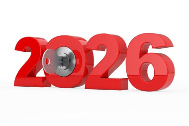 Beyaz arka planda anahtarla 2026 yılbaşı tabelası. 3d Hazırlama