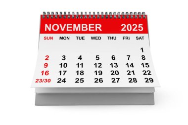 2025 Kasım takvimi beyaz arka planda. 3d Hazırlama