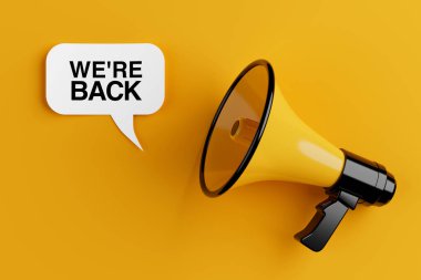 Duyuru Konsepti. Sarı Megafon ve konuşma baloncuğu sarı arka planda olduğumuzu söylüyor. 3d Hazırlama