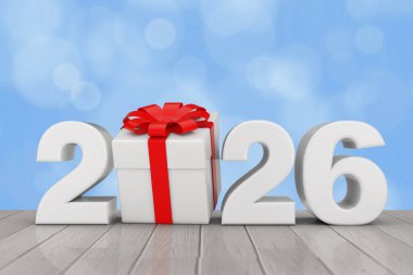 2026 Yeni Yıl Tabelası, hediye kutusu ve kırmızı kurdeleyle ahşap bir masada. 3d Hazırlama 