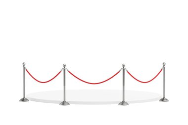 Özel Erişim Konsepti. Beyaz arka planda kırmızı kadife bariyerle çevrili boş bir beyaz podyum. 3d Hazırlama