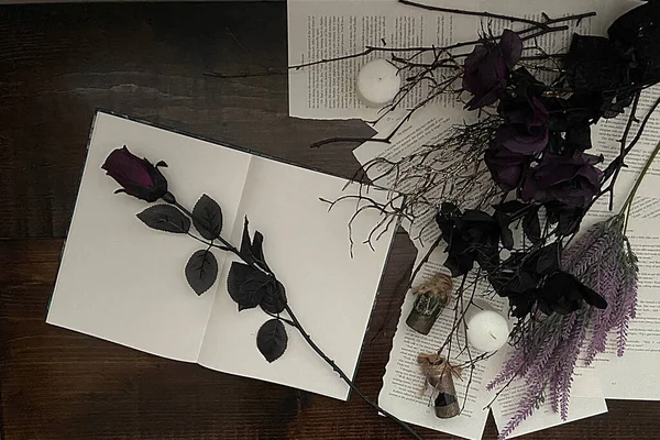 Fondo Madera Gótica Oscura Bruja Con Flores Negras Diario —  Fotos de Stock