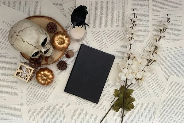 Gothic Background Fall Aesthetic Twigs Flowers Candles Blank Book Cover — Stock Photo, Image