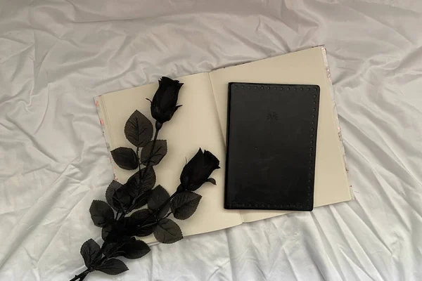 Λευκό Φόντο Μαύρα Φτερά Και Τριαντάφυλλα Και Λευκό Βιβλίο — Φωτογραφία Αρχείου
