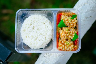 Köri tozu ile karıştırılmış kalamar. Tayland yemeği, pilavlı kızarmış deniz ürünleri.