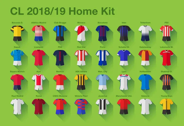 Ilustración Camisetas Europeas Fútbol Clubes Fútbol Con Nombres — Vector de stock